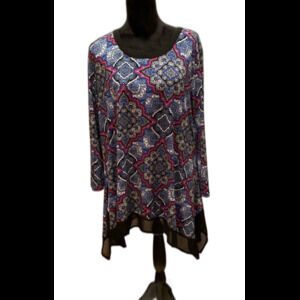 Cato Plus Top Blouse Size XL Blue Magenta Pattern Scarf Hem Stretchy Round Neck